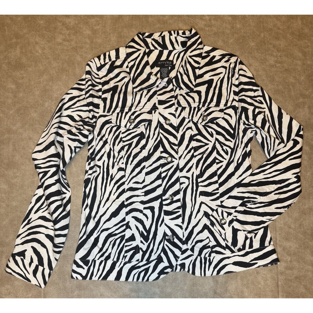 ATTYRE Black And White Zebra Print Button Up Jacket Womens Long Sleeve MEDIUM